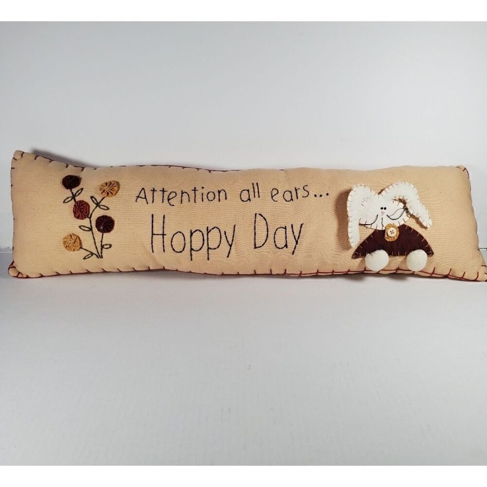 Happy Day Pillow Bunny 2 ft long 7" Width. Red top stitching borders pillow. Cut